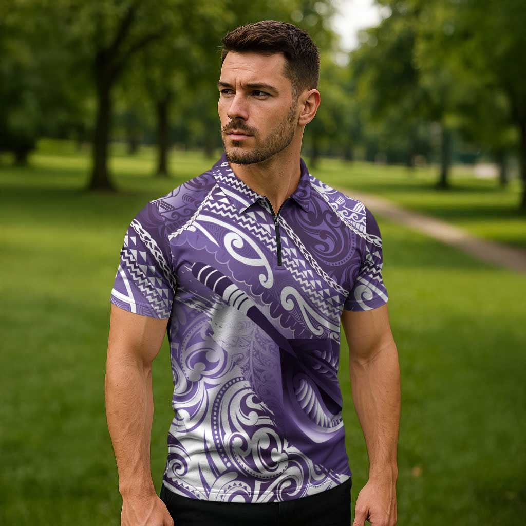 Personalised New Zealand Aotearoa Darts Masters Zipper Polo Shirt Maori Art Tattoo with Tribal Dart Symbol Purple LT03 - Polynesian Pride