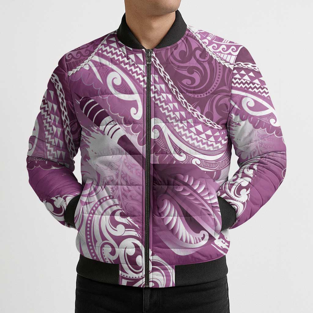 Personalised New Zealand Aotearoa Darts Masters Bomber Puffer Jacket Maori Art Tattoo with Tribal Dart Symbol Pink LT03 - Polynesian Pride