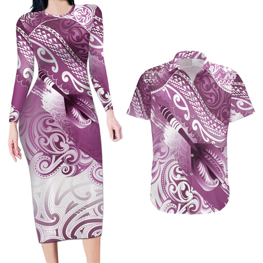 Personalised New Zealand Aotearoa Darts Masters Couples Matching Long Sleeve Bodycon Dress and Hawaiian Shirt Maori Art Tattoo with Tribal Dart Symbol Pink - Polynesian Pride