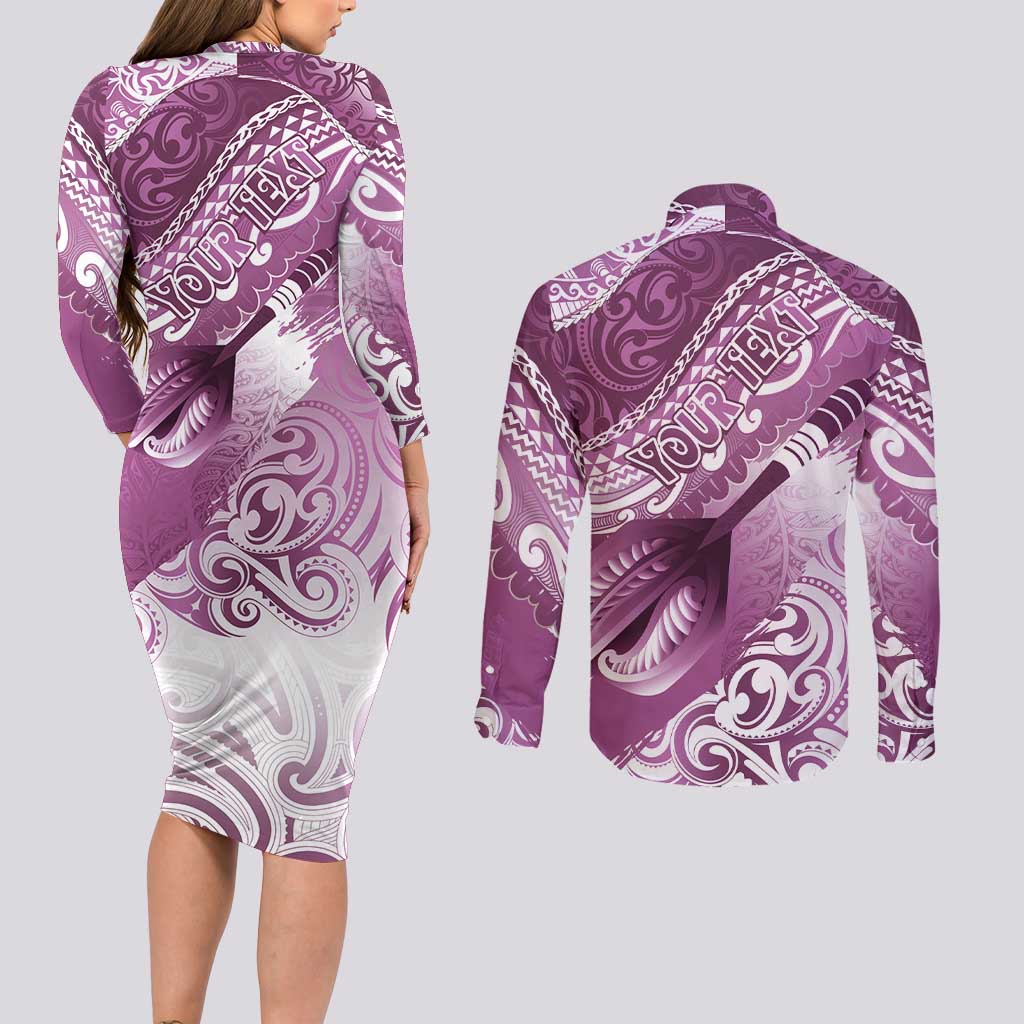 Personalised New Zealand Aotearoa Darts Masters Couples Matching Long Sleeve Bodycon Dress and Long Sleeve Button Shirt Maori Art Tattoo with Tribal Dart Symbol Pink LT03 - Polynesian Pride