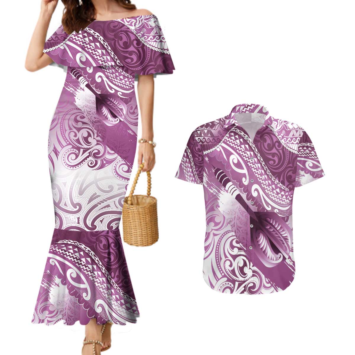 Personalised New Zealand Aotearoa Darts Masters Couples Matching Mermaid Dress and Hawaiian Shirt Maori Art Tattoo with Tribal Dart Symbol Pink LT03 Pink - Polynesian Pride