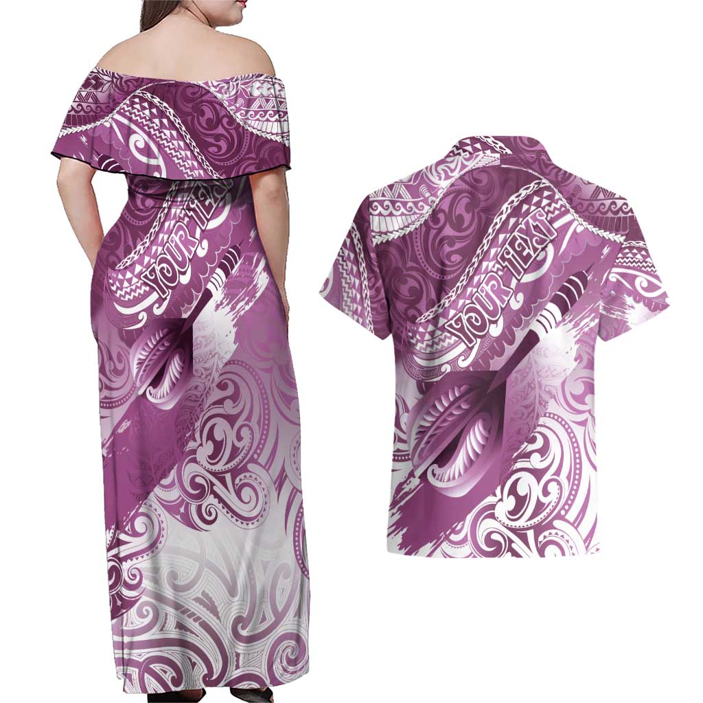 Personalised New Zealand Aotearoa Darts Masters Couples Matching Off Shoulder Maxi Dress and Hawaiian Shirt Maori Art Tattoo with Tribal Dart Symbol Pink LT03 - Polynesian Pride