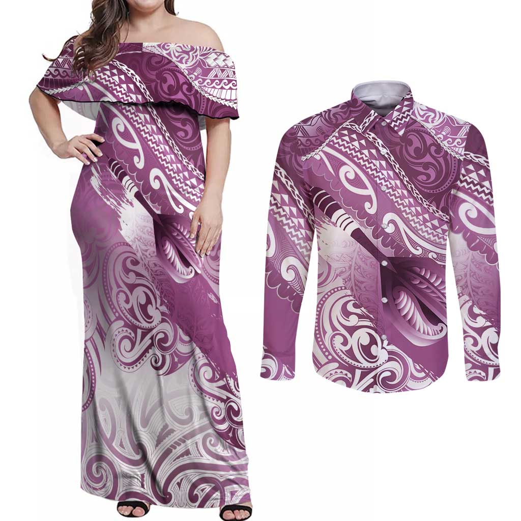 Personalised New Zealand Aotearoa Darts Masters Couples Matching Off Shoulder Maxi Dress and Long Sleeve Button Shirt Maori Art Tattoo with Tribal Dart Symbol Pink LT03 Pink - Polynesian Pride