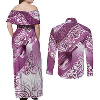 Personalised New Zealand Aotearoa Darts Masters Couples Matching Off Shoulder Maxi Dress and Long Sleeve Button Shirt Maori Art Tattoo with Tribal Dart Symbol Pink LT03 - Polynesian Pride
