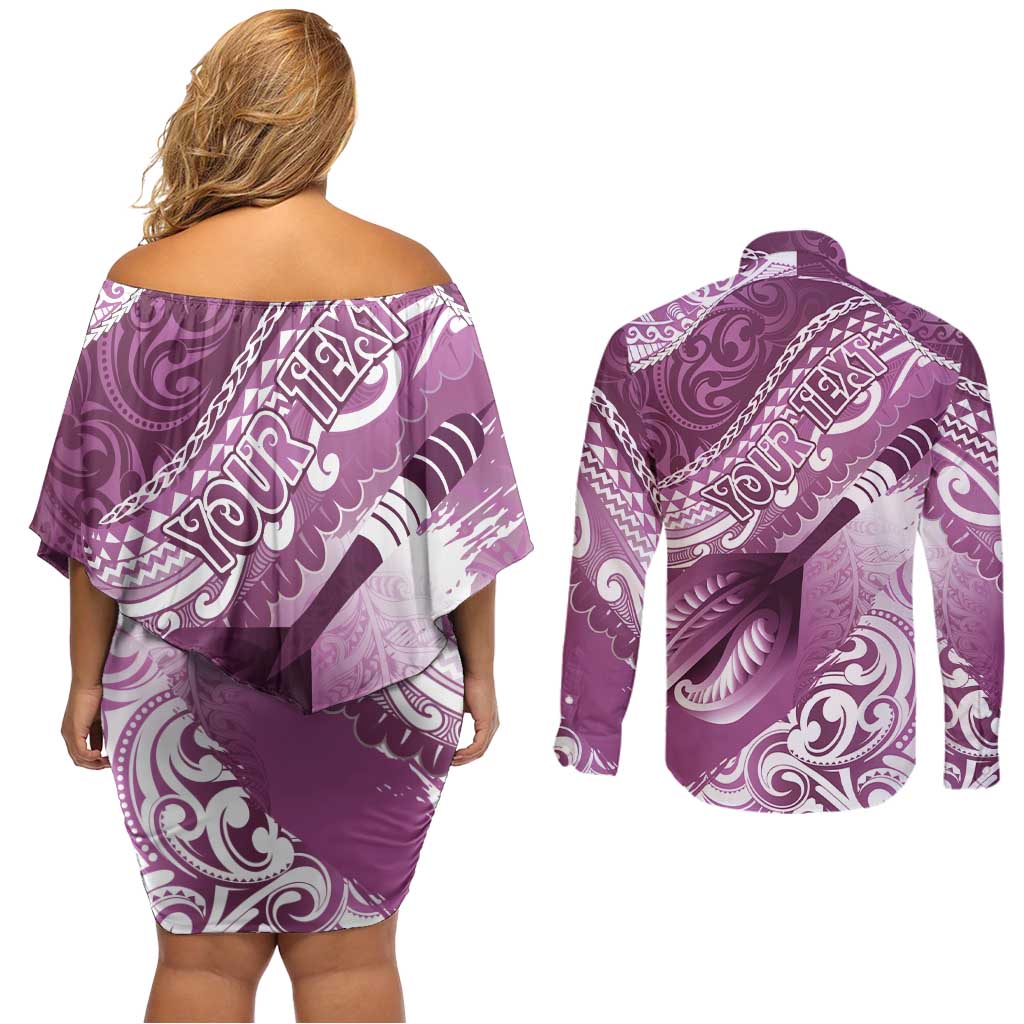 Personalised New Zealand Aotearoa Darts Masters Couples Matching Off Shoulder Short Dress and Long Sleeve Button Shirt Maori Art Tattoo with Tribal Dart Symbol Pink LT03 - Polynesian Pride