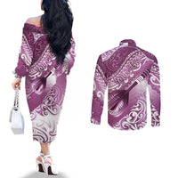 Personalised New Zealand Aotearoa Darts Masters Couples Matching Off The Shoulder Long Sleeve Dress and Long Sleeve Button Shirt Maori Art Tattoo with Tribal Dart Symbol Pink LT03 - Polynesian Pride