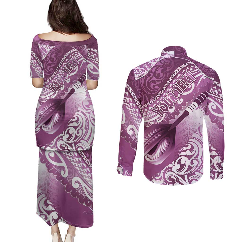 Personalised New Zealand Aotearoa Darts Masters Couples Matching Puletasi and Long Sleeve Button Shirt Maori Art Tattoo with Tribal Dart Symbol Pink LT03 - Polynesian Pride