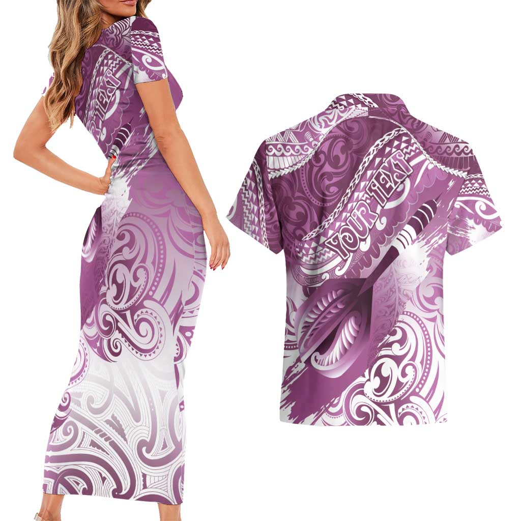 Personalised New Zealand Aotearoa Darts Masters Couples Matching Short Sleeve Bodycon Dress and Hawaiian Shirt Maori Art Tattoo with Tribal Dart Symbol Pink LT03 - Polynesian Pride