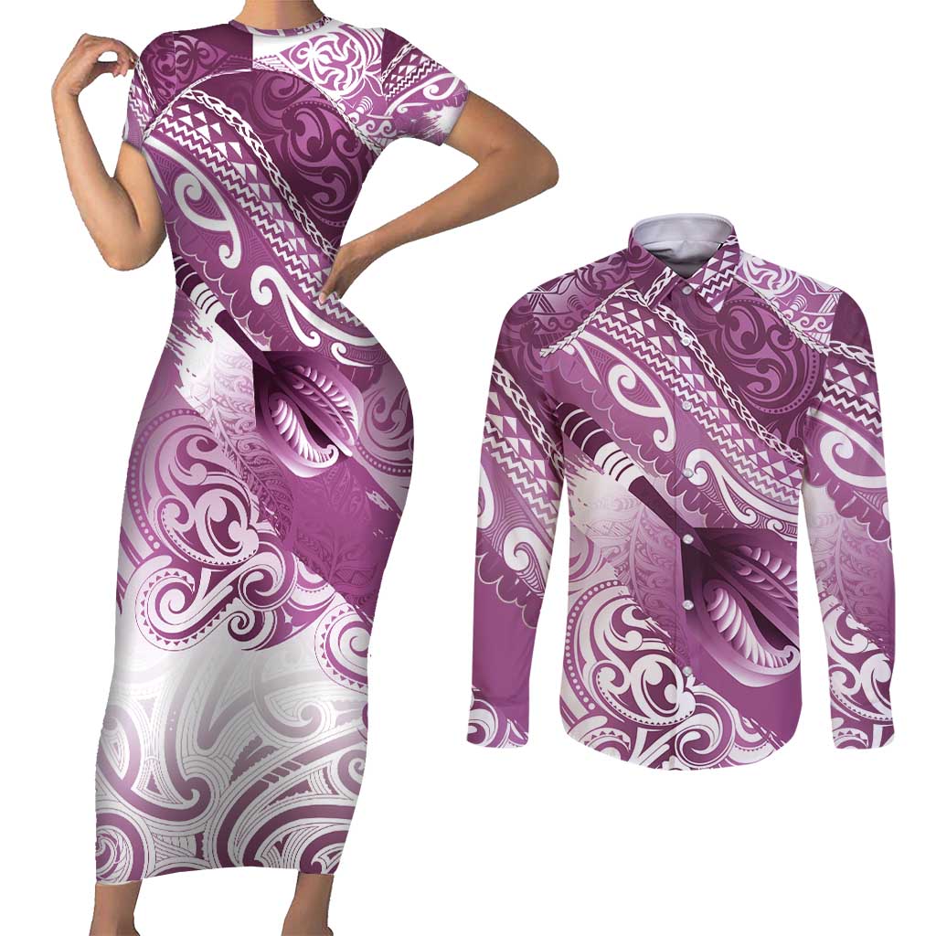Personalised New Zealand Aotearoa Darts Masters Couples Matching Short Sleeve Bodycon Dress and Long Sleeve Button Shirt Maori Art Tattoo with Tribal Dart Symbol Pink LT03 Pink - Polynesian Pride