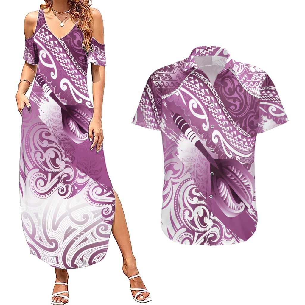 Personalised New Zealand Aotearoa Darts Masters Couples Matching Summer Maxi Dress and Hawaiian Shirt Maori Art Tattoo with Tribal Dart Symbol Pink LT03 Pink - Polynesian Pride