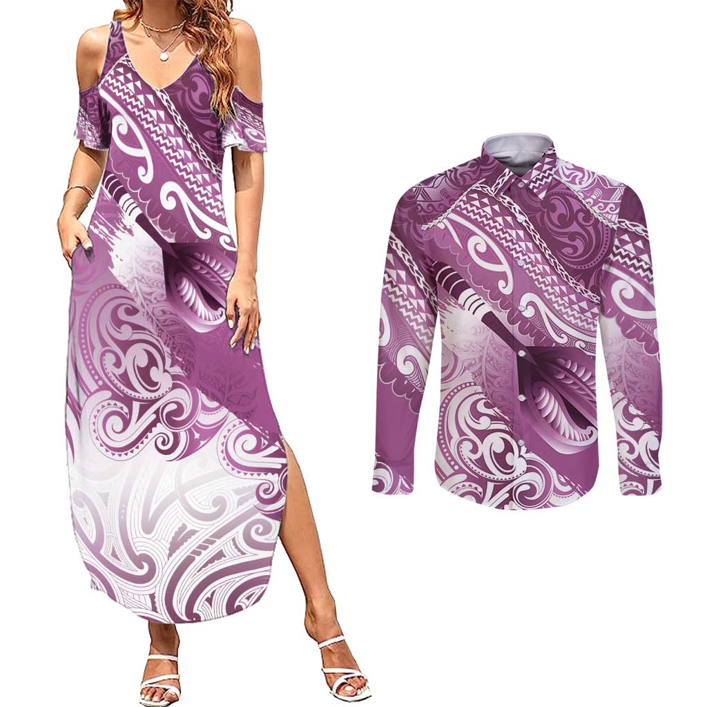 Personalised New Zealand Aotearoa Darts Masters Couples Matching Summer Maxi Dress and Long Sleeve Button Shirt Maori Art Tattoo with Tribal Dart Symbol Pink - Polynesian Pride