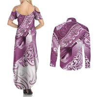 Personalised New Zealand Aotearoa Darts Masters Couples Matching Summer Maxi Dress and Long Sleeve Button Shirt Maori Art Tattoo with Tribal Dart Symbol Pink LT03 - Polynesian Pride