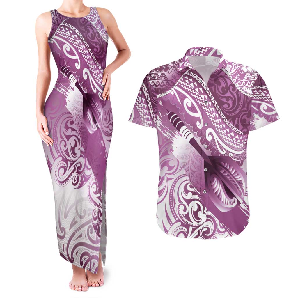 Personalised New Zealand Aotearoa Darts Masters Couples Matching Tank Maxi Dress and Hawaiian Shirt Maori Art Tattoo with Tribal Dart Symbol Pink - Polynesian Pride