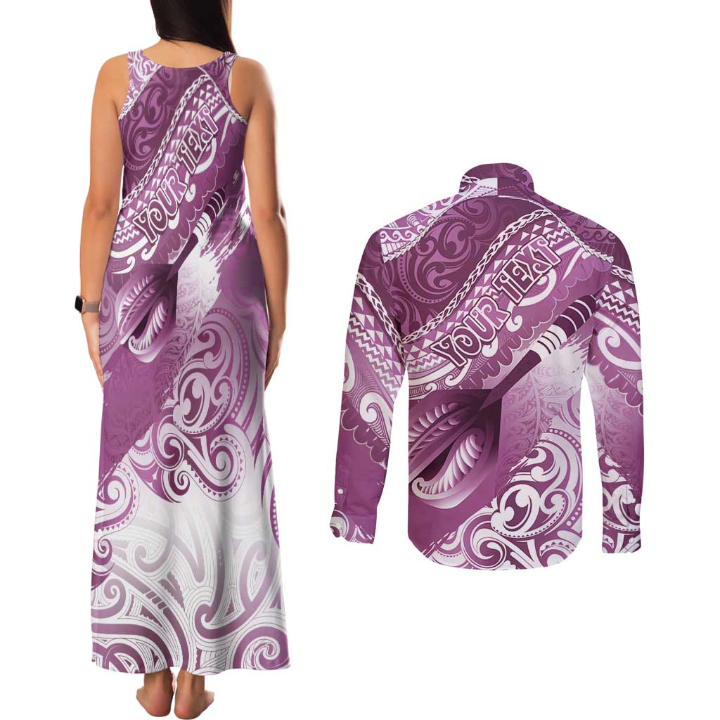 Personalised New Zealand Aotearoa Darts Masters Couples Matching Tank Maxi Dress and Long Sleeve Button Shirt Maori Art Tattoo with Tribal Dart Symbol Pink LT03 - Polynesian Pride