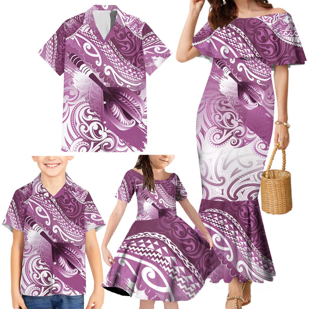 Personalised New Zealand Aotearoa Darts Masters Family Matching Mermaid Dress and Hawaiian Shirt Maori Art Tattoo with Tribal Dart Symbol Pink LT03 - Polynesian Pride