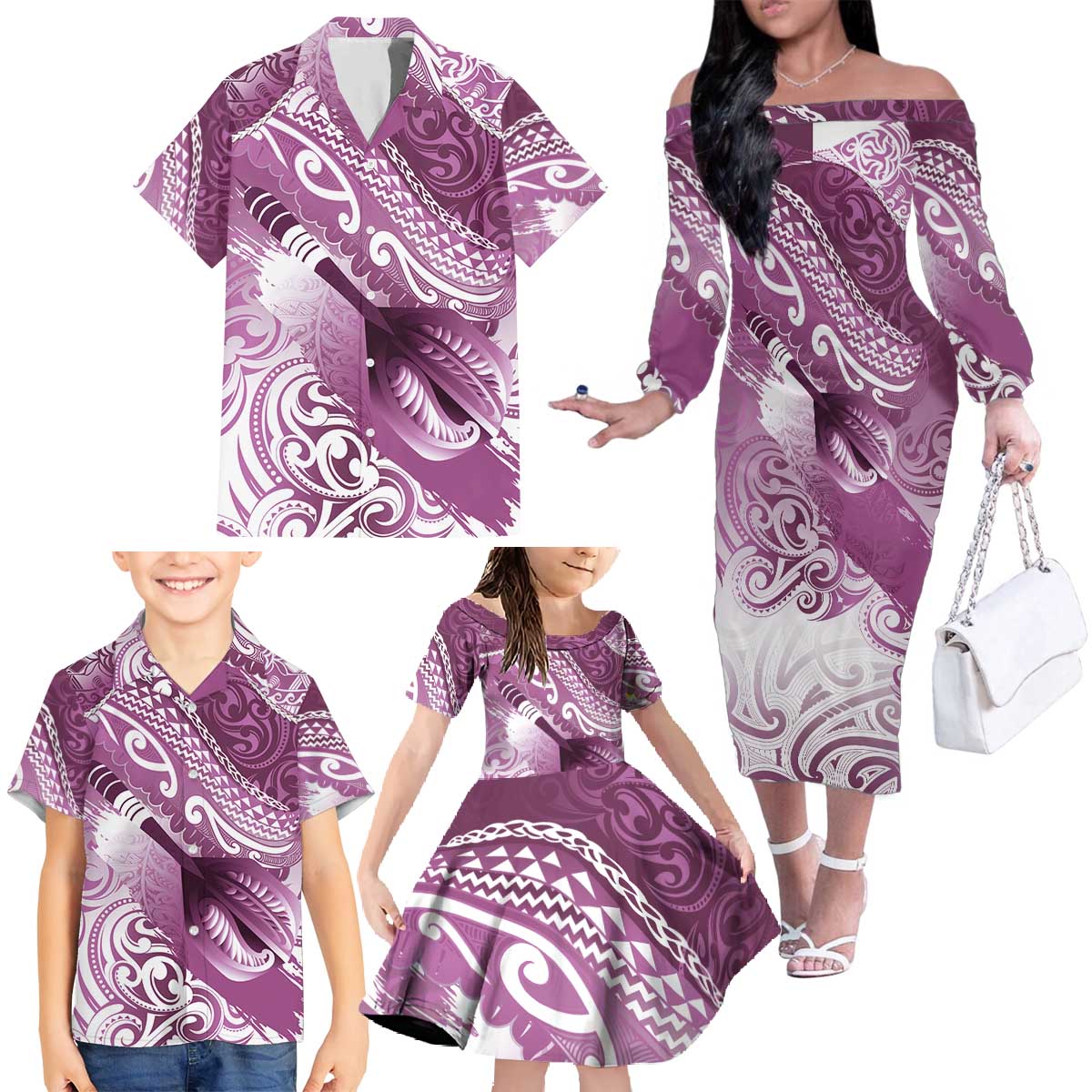 Personalised New Zealand Aotearoa Darts Masters Family Matching Off The Shoulder Long Sleeve Dress and Hawaiian Shirt Maori Art Tattoo with Tribal Dart Symbol Pink LT03 - Polynesian Pride