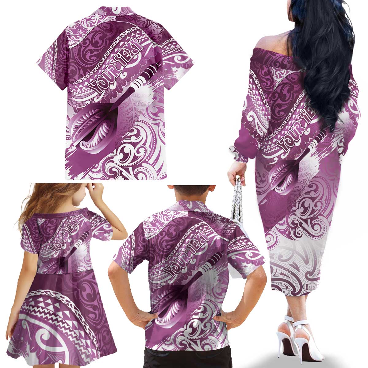 Personalised New Zealand Aotearoa Darts Masters Family Matching Off The Shoulder Long Sleeve Dress and Hawaiian Shirt Maori Art Tattoo with Tribal Dart Symbol Pink LT03 - Polynesian Pride