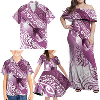 Personalised New Zealand Aotearoa Darts Masters Family Matching Off Shoulder Maxi Dress and Hawaiian Shirt Maori Art Tattoo with Tribal Dart Symbol Pink LT03 - Polynesian Pride