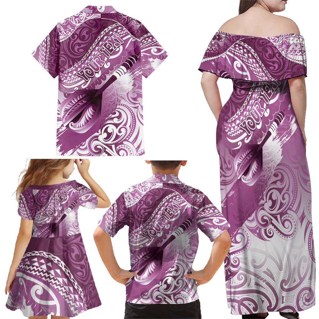 Personalised New Zealand Aotearoa Darts Masters Family Matching Off Shoulder Maxi Dress and Hawaiian Shirt Maori Art Tattoo with Tribal Dart Symbol Pink LT03 - Polynesian Pride