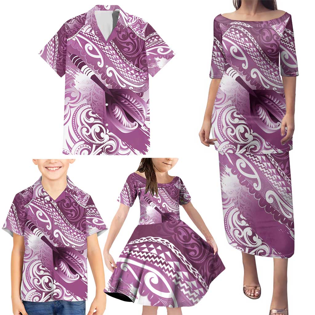 Personalised New Zealand Aotearoa Darts Masters Family Matching Puletasi and Hawaiian Shirt Maori Art Tattoo with Tribal Dart Symbol Pink LT03 - Polynesian Pride