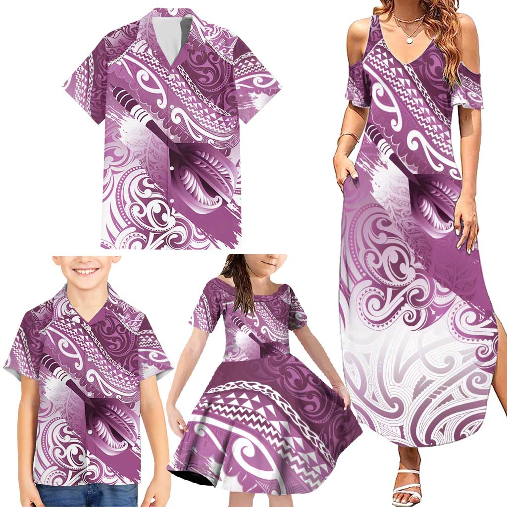 Personalised New Zealand Aotearoa Darts Masters Family Matching Summer Maxi Dress and Hawaiian Shirt Maori Art Tattoo with Tribal Dart Symbol Pink LT03 - Polynesian Pride