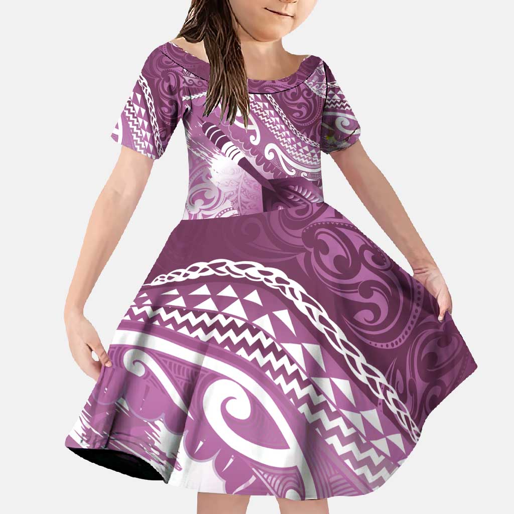 Personalised New Zealand Aotearoa Darts Masters Family Matching Tank Maxi Dress and Hawaiian Shirt Maori Art Tattoo with Tribal Dart Symbol Pink LT03 Daughter's Dress Pink - Polynesian Pride