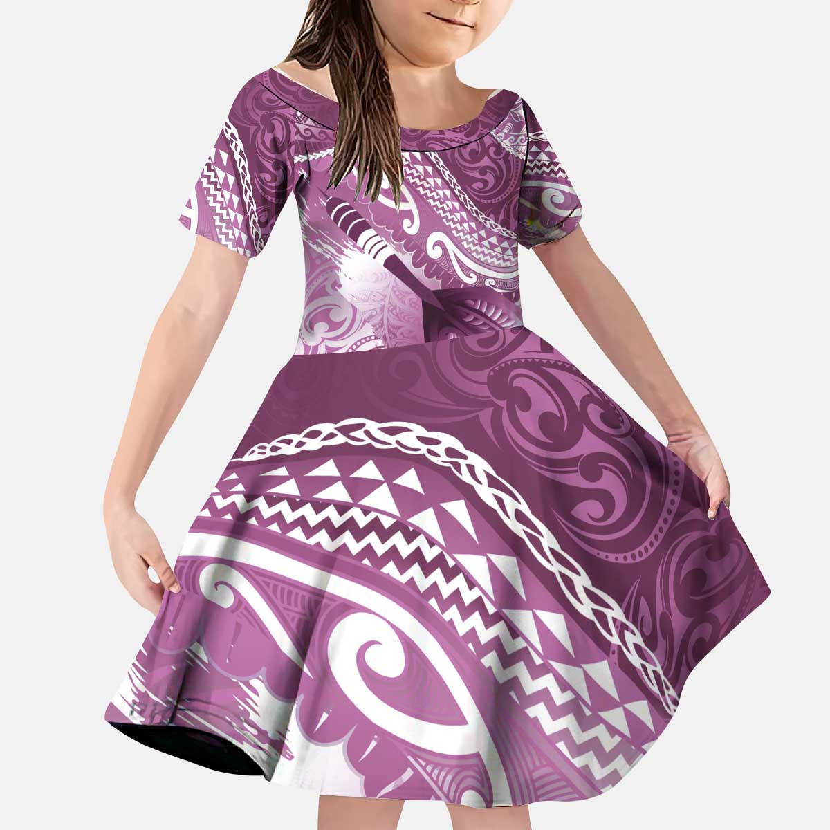 Personalised New Zealand Aotearoa Darts Masters Kid Short Sleeve Dress Maori Art Tattoo with Tribal Dart Symbol Pink LT03 KID Pink - Polynesian Pride