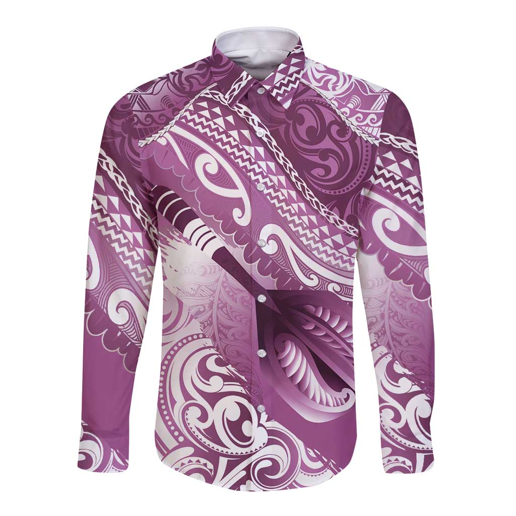 Personalised New Zealand Aotearoa Darts Masters Long Sleeve Button Shirt Maori Art Tattoo with Tribal Dart Symbol Pink - Polynesian Pride