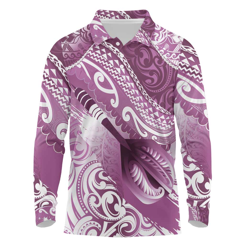 Personalised New Zealand Aotearoa Darts Masters Long Sleeve Polo Shirt Maori Art Tattoo with Tribal Dart Symbol Pink LT03 Pink - Polynesian Pride