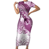 Personalised New Zealand Aotearoa Darts Masters Short Sleeve Bodycon Dress Maori Art Tattoo with Tribal Dart Symbol Pink LT03 Long Dress Pink - Polynesian Pride