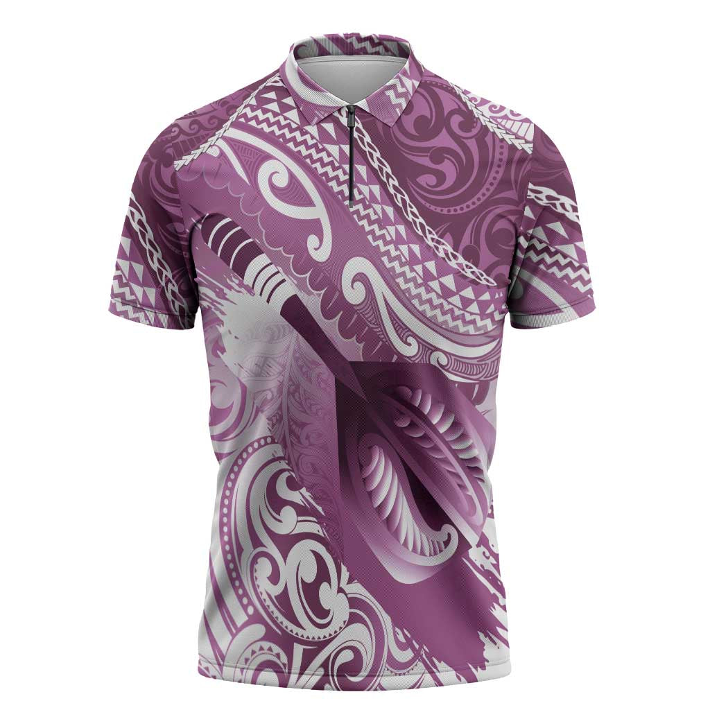 Personalised New Zealand Aotearoa Darts Masters Zipper Polo Shirt Maori Art Tattoo with Tribal Dart Symbol Pink LT03 Pink - Polynesian Pride