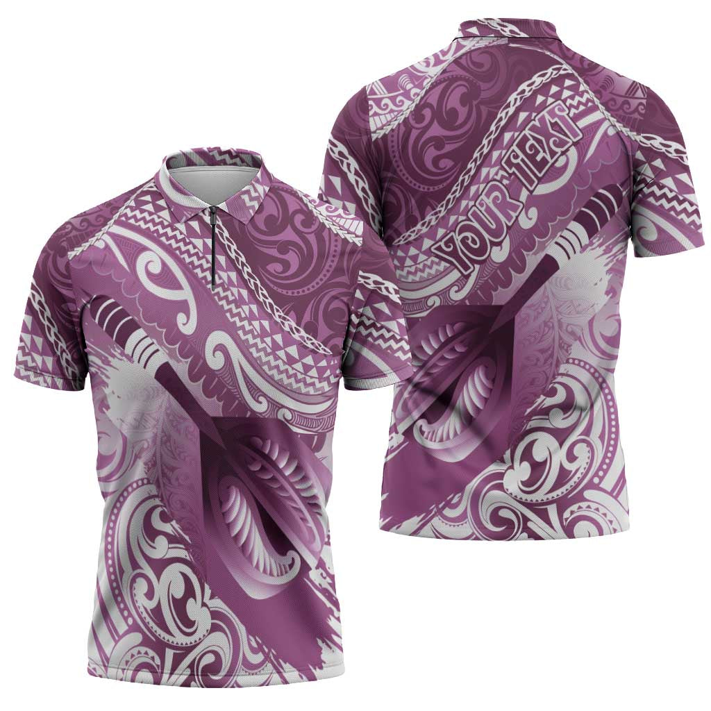 Personalised New Zealand Aotearoa Darts Masters Zipper Polo Shirt Maori Art Tattoo with Tribal Dart Symbol Pink LT03 - Polynesian Pride