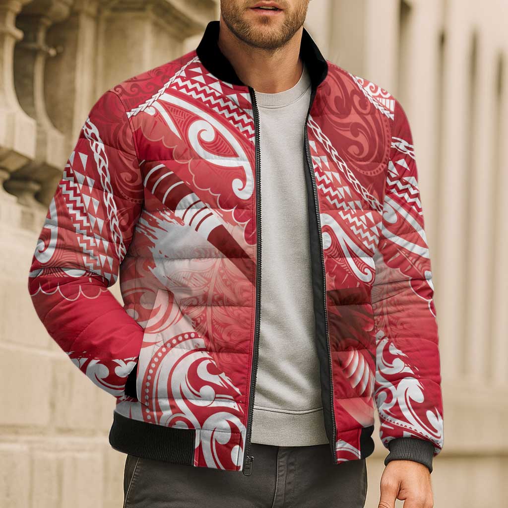 Personalised New Zealand Aotearoa Darts Masters Bomber Puffer Jacket Maori Art Tattoo with Tribal Dart Symbol Red LT03 - Polynesian Pride