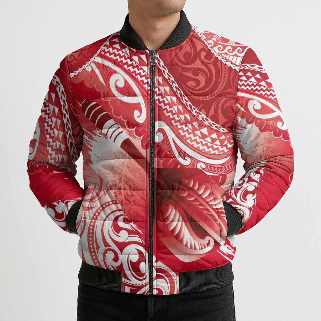 Personalised New Zealand Aotearoa Darts Masters Bomber Puffer Jacket Maori Art Tattoo with Tribal Dart Symbol Red LT03 - Polynesian Pride
