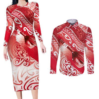 Personalised New Zealand Aotearoa Darts Masters Couples Matching Long Sleeve Bodycon Dress and Long Sleeve Button Shirt Maori Art Tattoo with Tribal Dart Symbol Red LT03 Red - Polynesian Pride