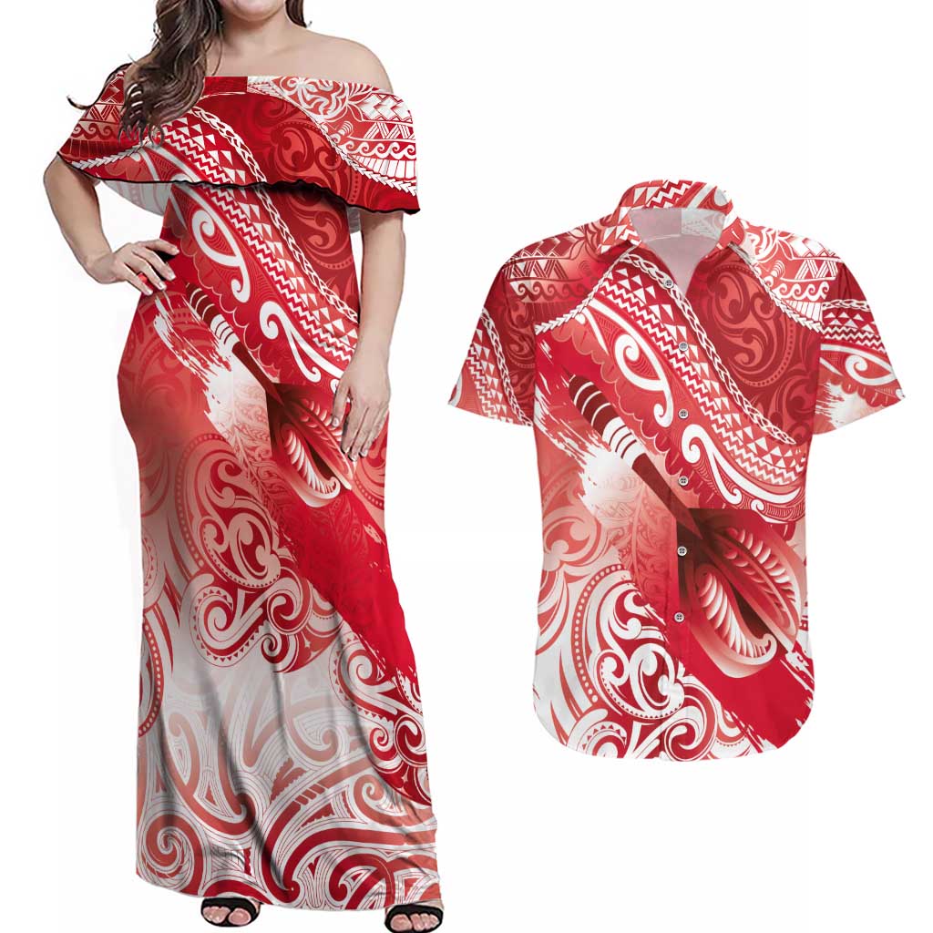 Personalised New Zealand Aotearoa Darts Masters Couples Matching Off Shoulder Maxi Dress and Hawaiian Shirt Maori Art Tattoo with Tribal Dart Symbol Red LT03 Red - Polynesian Pride