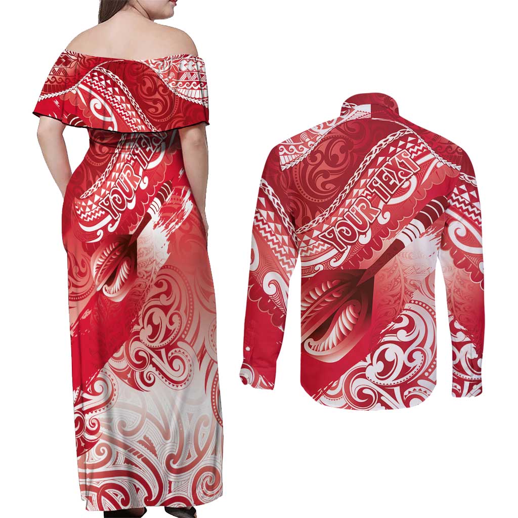 Personalised New Zealand Aotearoa Darts Masters Couples Matching Off Shoulder Maxi Dress and Long Sleeve Button Shirt Maori Art Tattoo with Tribal Dart Symbol Red LT03 - Polynesian Pride