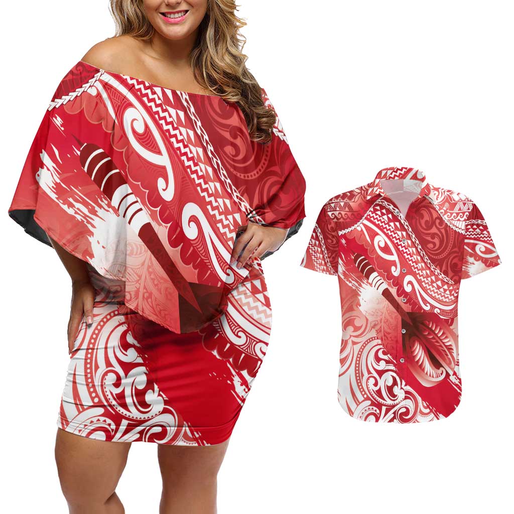 Personalised New Zealand Aotearoa Darts Masters Couples Matching Off Shoulder Short Dress and Hawaiian Shirt Maori Art Tattoo with Tribal Dart Symbol Red LT03 Red - Polynesian Pride