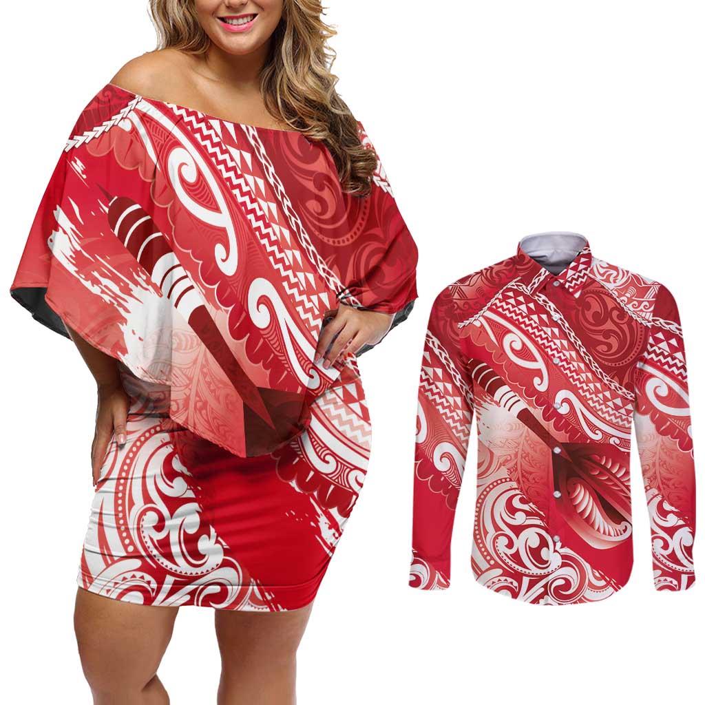 Personalised New Zealand Aotearoa Darts Masters Couples Matching Off Shoulder Short Dress and Long Sleeve Button Shirt Maori Art Tattoo with Tribal Dart Symbol Red LT03 Red - Polynesian Pride