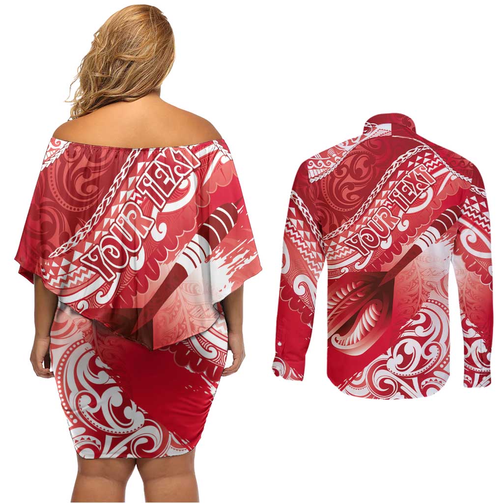 Personalised New Zealand Aotearoa Darts Masters Couples Matching Off Shoulder Short Dress and Long Sleeve Button Shirt Maori Art Tattoo with Tribal Dart Symbol Red LT03 - Polynesian Pride