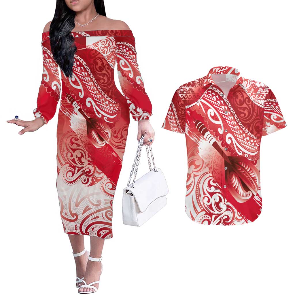 Personalised New Zealand Aotearoa Darts Masters Couples Matching Off The Shoulder Long Sleeve Dress and Hawaiian Shirt Maori Art Tattoo with Tribal Dart Symbol Red - Polynesian Pride