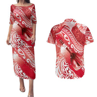 Personalised New Zealand Aotearoa Darts Masters Couples Matching Puletasi and Hawaiian Shirt Maori Art Tattoo with Tribal Dart Symbol Red LT03 Red - Polynesian Pride