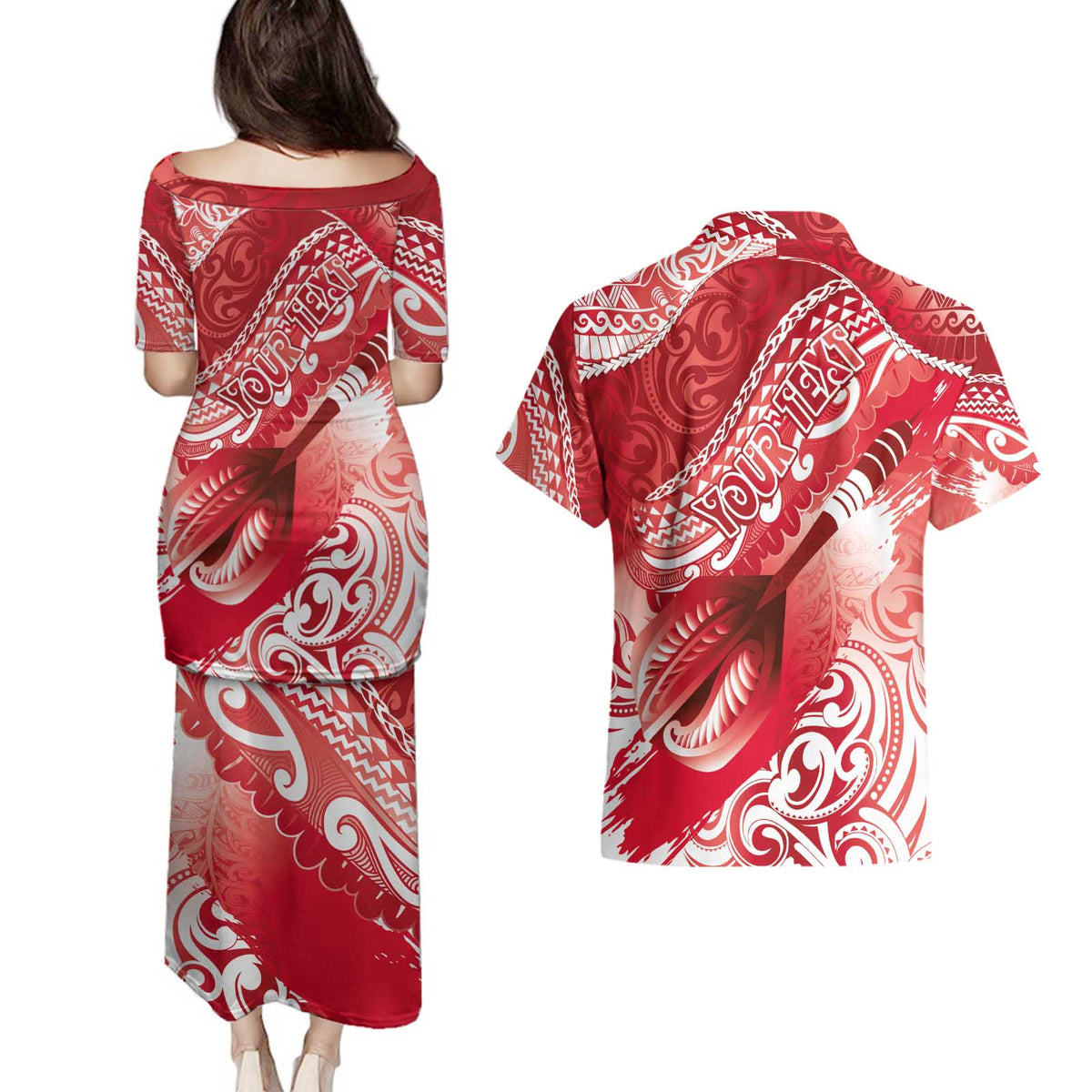 Personalised New Zealand Aotearoa Darts Masters Couples Matching Puletasi and Hawaiian Shirt Maori Art Tattoo with Tribal Dart Symbol Red LT03 - Polynesian Pride