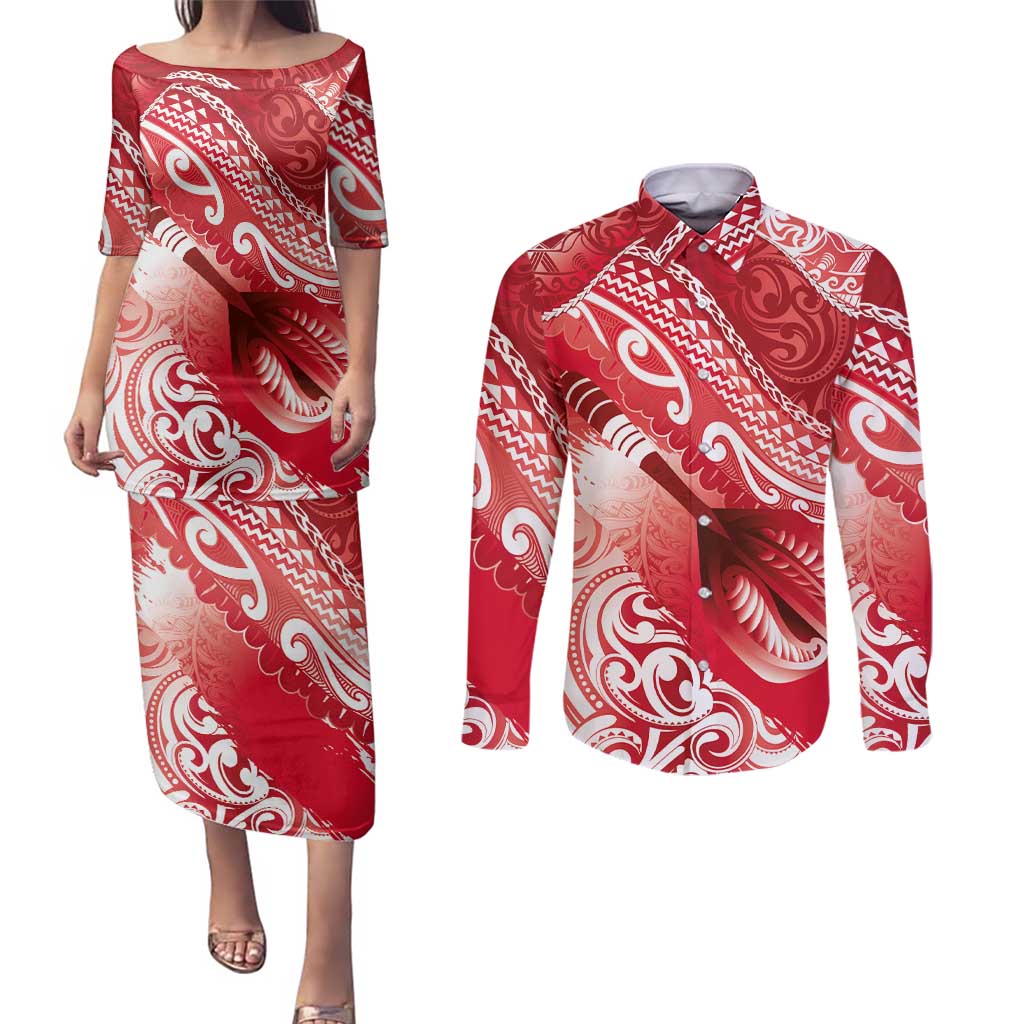 Personalised New Zealand Aotearoa Darts Masters Couples Matching Puletasi and Long Sleeve Button Shirt Maori Art Tattoo with Tribal Dart Symbol Red - Polynesian Pride