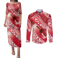 Personalised New Zealand Aotearoa Darts Masters Couples Matching Puletasi and Long Sleeve Button Shirt Maori Art Tattoo with Tribal Dart Symbol Red LT03 Red - Polynesian Pride