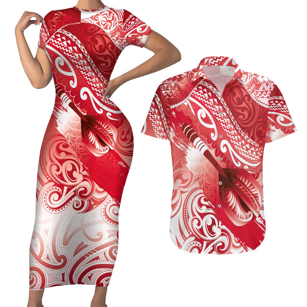 Personalised New Zealand Aotearoa Darts Masters Couples Matching Short Sleeve Bodycon Dress and Hawaiian Shirt Maori Art Tattoo with Tribal Dart Symbol Red LT03 Red - Polynesian Pride