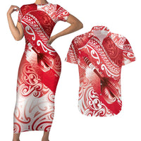 Personalised New Zealand Aotearoa Darts Masters Couples Matching Short Sleeve Bodycon Dress and Hawaiian Shirt Maori Art Tattoo with Tribal Dart Symbol Red LT03 Red - Polynesian Pride