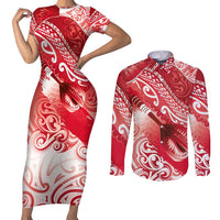 Personalised New Zealand Aotearoa Darts Masters Couples Matching Short Sleeve Bodycon Dress and Long Sleeve Button Shirt Maori Art Tattoo with Tribal Dart Symbol Red LT03 Red - Polynesian Pride