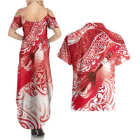 Personalised New Zealand Aotearoa Darts Masters Couples Matching Summer Maxi Dress and Hawaiian Shirt Maori Art Tattoo with Tribal Dart Symbol Red LT03 - Polynesian Pride