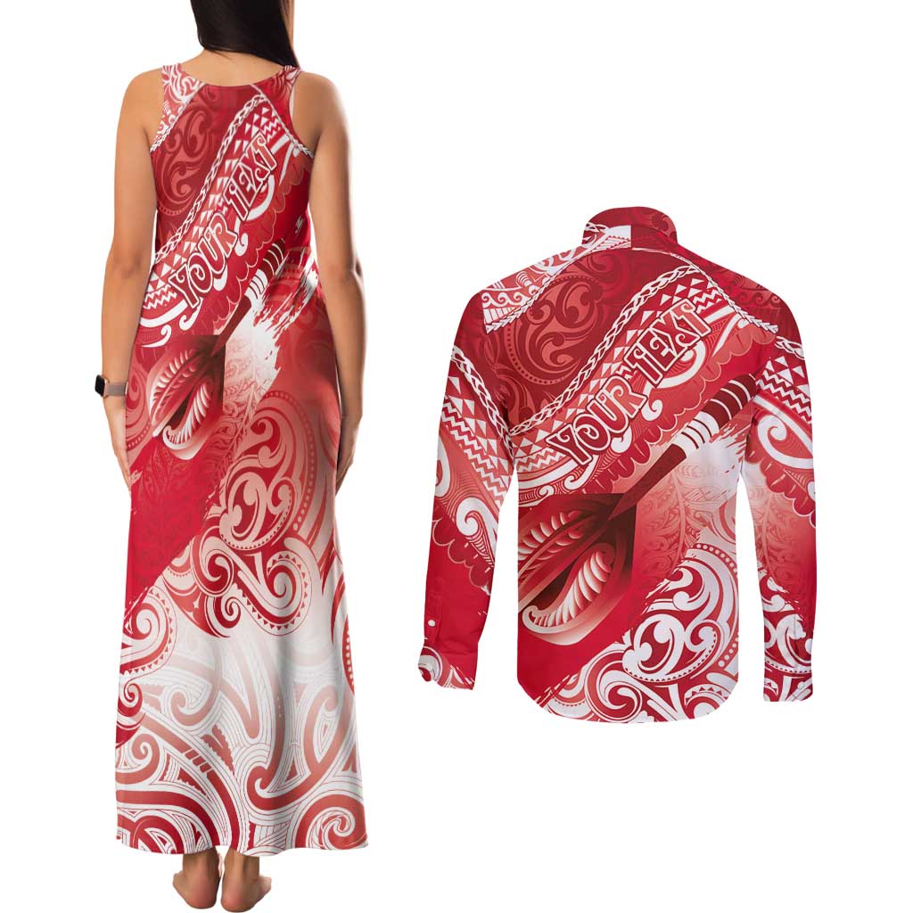 Personalised New Zealand Aotearoa Darts Masters Couples Matching Tank Maxi Dress and Long Sleeve Button Shirt Maori Art Tattoo with Tribal Dart Symbol Red LT03 - Polynesian Pride